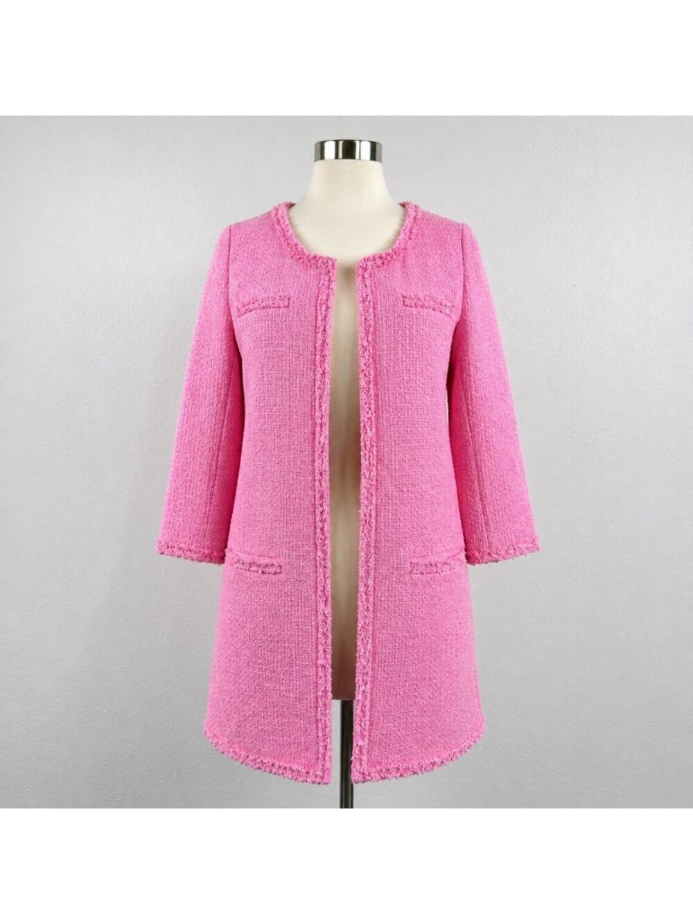ZARA Pink Bouclé Coat Chanel Style Open Front Textured Jacket Size M - Picture 13 of 15